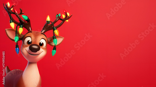 A cute cartoon reindeer with colorful Christmas tree lights on its antlers stands against a red studio background