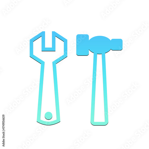 Illustration of a blue wrench and hammer on a black background in a simple outlined style on transparent background