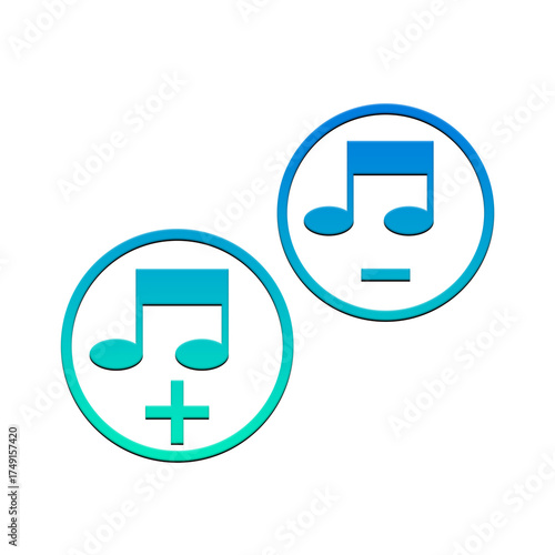 Two music note icons with plus and minus signs inside of circles on a black background image art on transparent background
