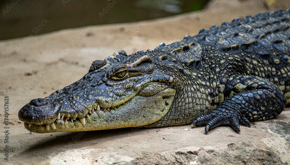 Fototapeta premium Close-up of a large crocodile resting on a rock in its natural habitat.