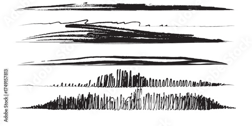 A collection of black hand-drawn grunge strokes sketchy lines and textured scribbles for design.