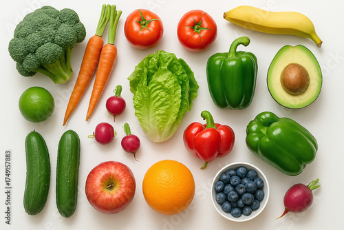Fresh Assortment of Healthy Fruits and Vegetables on White Background