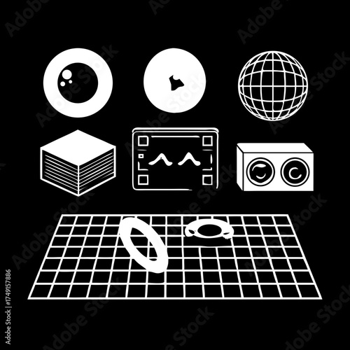 White graphic design on featuring geometric shapes and grid pattern