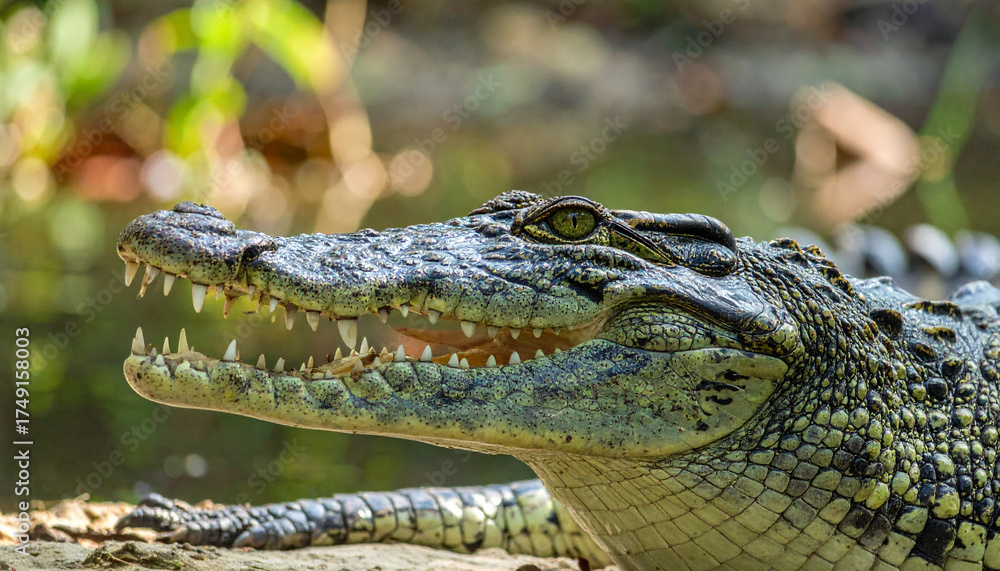 Fototapeta premium Close-up of a crocodile with its mouth open, showcasing its teeth.