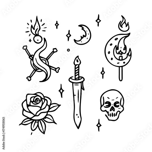 Occult tattoo flash sheet with gothic elements