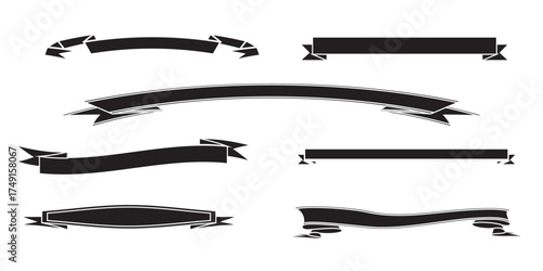 Elegant Black Ribbon Banners Set: Diverse Curved Straight Wavy Shapes with Decorative Pointed and Scrolled Ends.