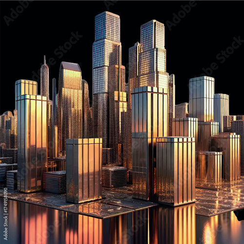 Golden Skyline: A gleaming cityscape sparkles, capturing the opulence of towering structures illuminated by a warm, ethereal glow. The scene evokes a sense of grandeur and ambition.