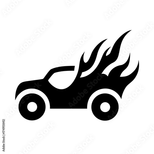 Car engulfed in flames, a striking black and white image