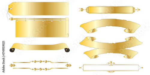Elegant collection of shiny golden ribbons curved banners and ornate scroll elements for design.