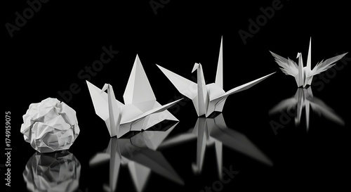 Monochrome origami evolution from crumpled paper to folded cranes reflected on black.