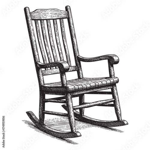 Wooden Rocking Chair, Antique Armchair, Vintage Interior engraving vector style