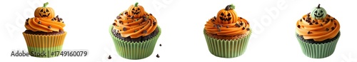 Four halloween cupcakes with orange frosting, chocolate chips, and pumpkin toppers isolated on transparent background