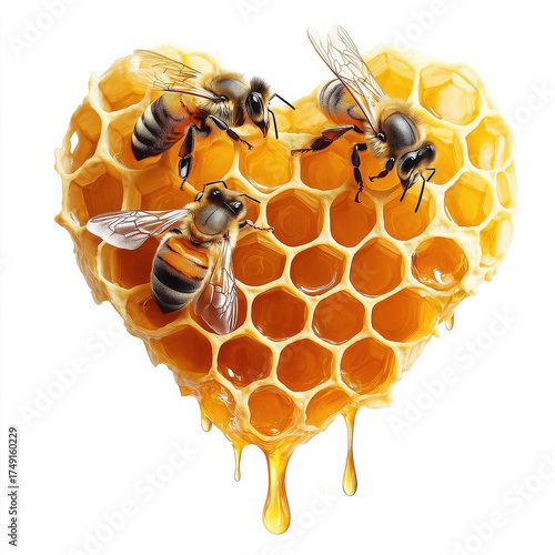 Bees on heart-shaped honeycomb on an isolated white background. Generated AI