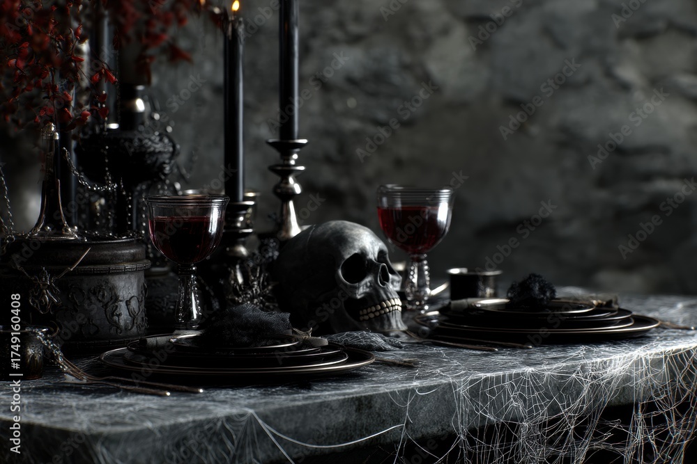 Obraz premium dark gothic table setting with black candles, skull decor, spiderweb cloth, and blood-red wine glasses, spooky elegant vibe, no text.