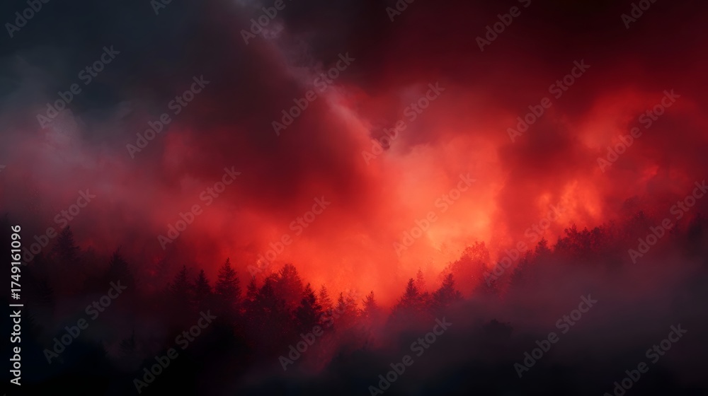 Fototapeta premium Dramatic sky ablaze with red and orange smoke over a dark forest silhouette