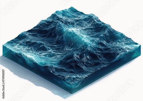Isometric square block, displaying a section of turbulent ocean water.  Deep blues and turquoise highlight waves cresting and receding, with a transparent, cubic block base