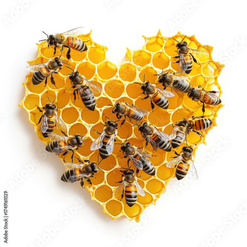 Bees on heart-shaped honeycomb on an isolated white background. Generated AI
