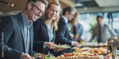 Business people networking and enjoying corporate buffet lunch