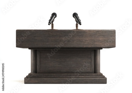 Dark wooden podium with two microphones, isolated on white