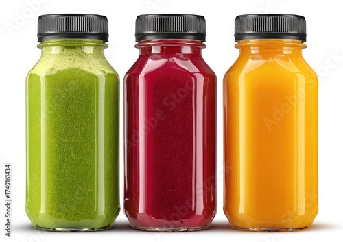 Three small, rectangular plastic bottles, each filled with a different colored juice