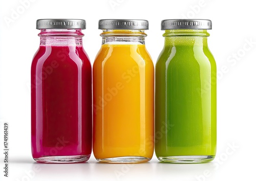 Three small glass bottles of juice, different colors