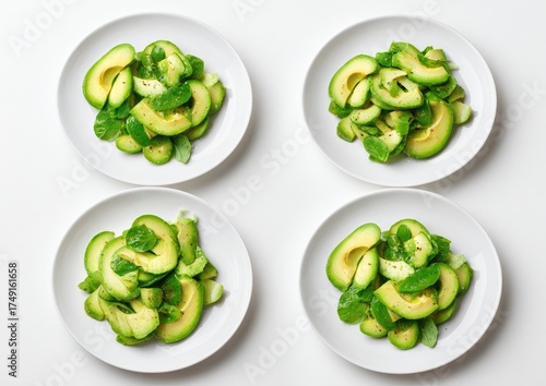 Four white plates of sliced avocado salad