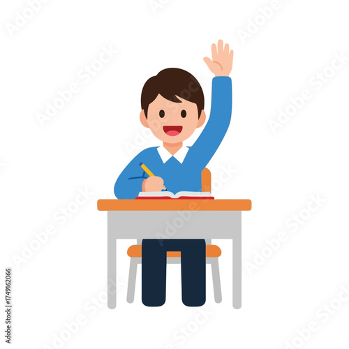 Boy Raising Hand in Class, School Child Answering Question