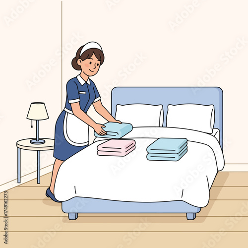 Hotel Maid Making Bed Housekeeping Service Illustration
