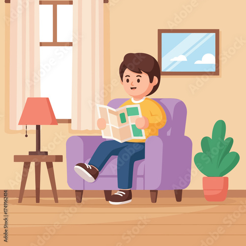 Man Reading Map at Home Relaxing, Travel Planning, Illustration