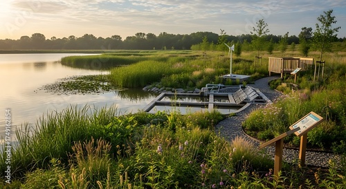 Idyllic scene of sustainable eco-park with water treatment system and wind turbine by a serene lake at twilight