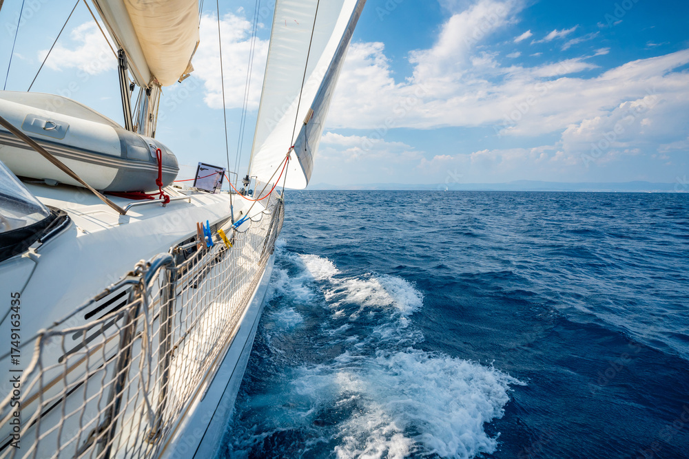 Naklejka premium Side of a sailing yacht cutting through the sea with full sails near Croatia. Motion, freedom, sailing lifestyle and adventure on the open water.