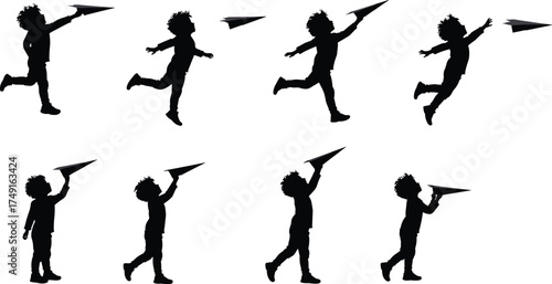Boy playing with paper airplane silhouette, childhood imagination, outdoor fun, happy kid activity, freedom, creativity, flying paper plane, joy