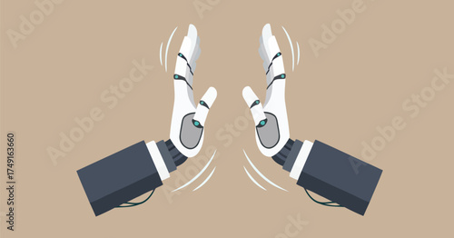 Two futuristic robotic arms perform a synchronized clapping gesture, symbolizing successful artificial intelligence collaboration, innovative automation, and advanced technological interaction