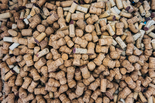 Full frame view from above pile of various wine corks
