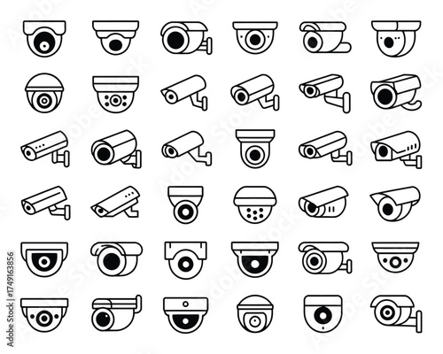 Collection of 30 black and white security camera vector illustrations scalable eps icons silhouette
