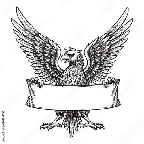Mythological Griffin, Hand-Drawn Sketch Outspread Wings and a Blank Banner, Heraldic Crest or Logo