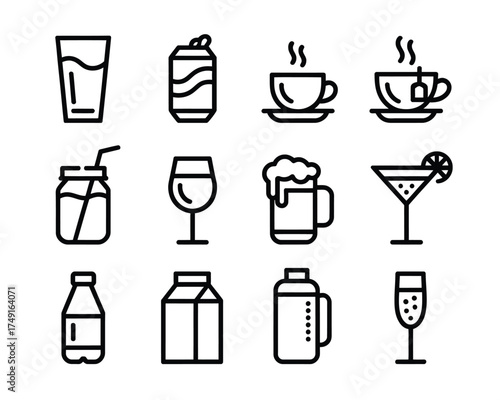 Set of 12 minimalist black line art beverage icons scalable vector graphics for drinks silhouette