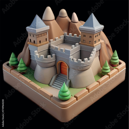 Fortified Fortress: A meticulously crafted miniature of a fortress with towering turrets, a sturdy stone wall, and a formidable gate, nestled against a backdrop of rolling hills and lush greenery.