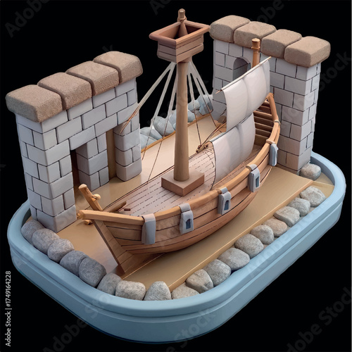 Ancient Vessel Diorama: A meticulously crafted diorama of an ancient sailing vessel, complete with a mast, sail, and stone architecture, offering a glimpse into history and maritime heritage.