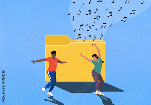 Carefree young man and woman dancing in front of yellow digital file folder with music notes
