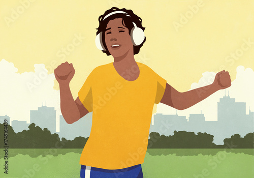 Carefree woman with headphones listening to music and dancing in sunny city park
