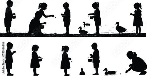 Children feeding ducks silhouette illustration, kids outdoor activity near pond, nature wildlife interaction, childhood moments, peaceful summer