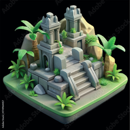 Ancient Temple Island: A serene illustration of a historic temple situated on a compact island, blending nature and architectural grandeur in a captivating composition.