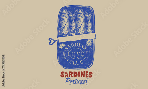 Sardines tin love club. Sardines fish market in portugal. Canned fish artwork. Sardines fish artwork for t shirt print, poster, sticker and other uses. Seafood t shirt design. 