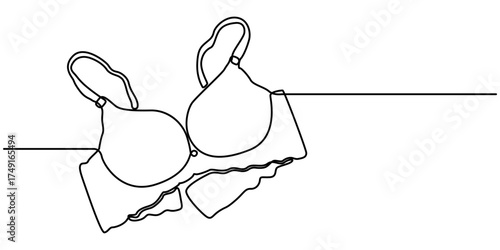 bra continuous one line drawing,  Bathing Suit Bikini one simple single line drawing of push up bra icon in silhouette outline. 