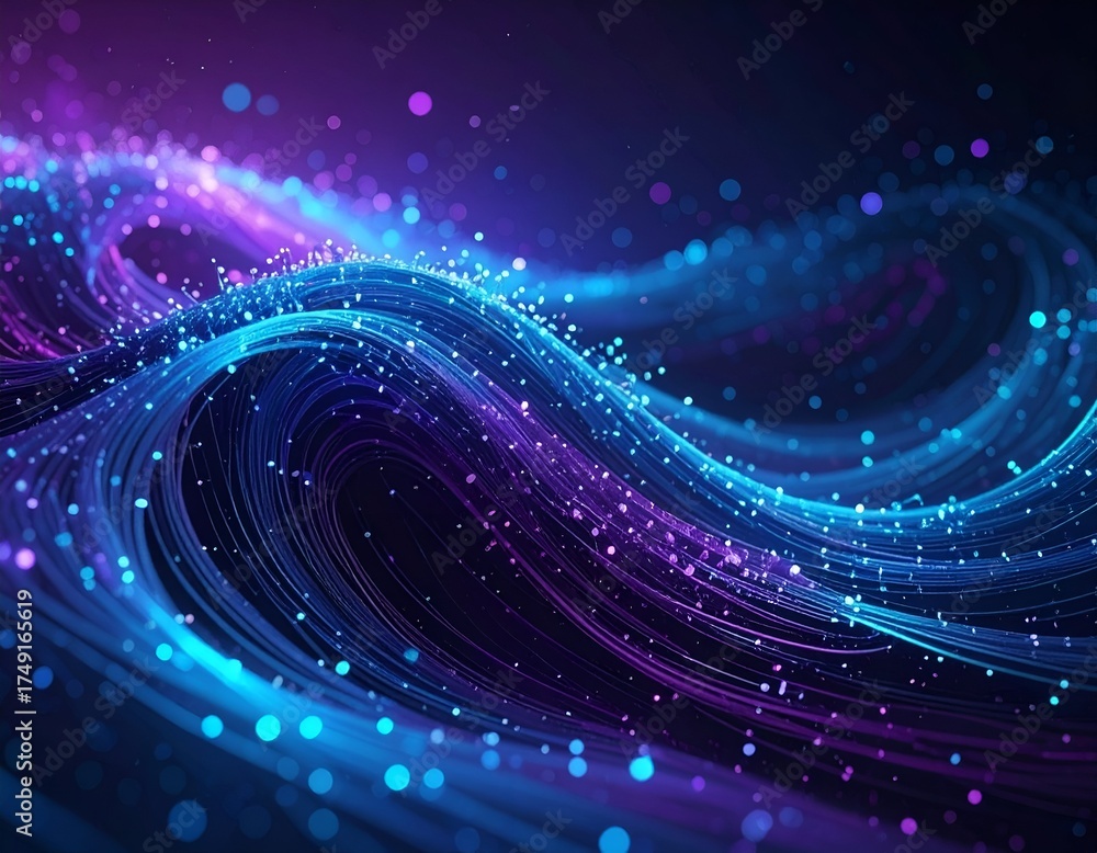 Obraz premium Abstract flowing, iridescent lines and particles in shades of blue and purple