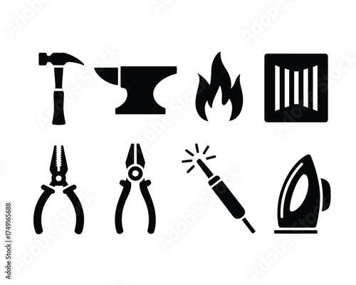 Set of eight black and white vector icons illustrating blacksmithing and metalworking tools and elements scalable eps silhouette