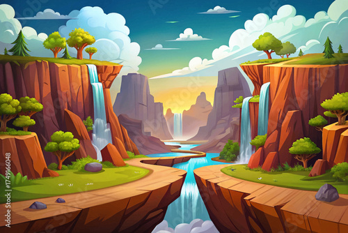 Floating road between giant waterfalls suspended in air wallpaper vector background, magical fantasy world filled with mist and light.