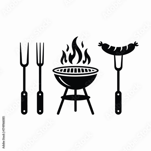 Minimalist black and white vector grill utensils and sausage icon for declarative design silhouette