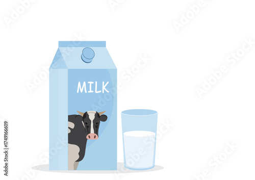 Clean vector illustration of a milk carton and a full glass of milk isolated on a white background.